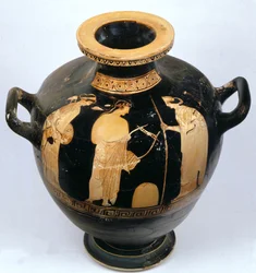 Attische rotfigurige Hydria mit Artemis, Apollo und Leto, 460-450 v. Chr.